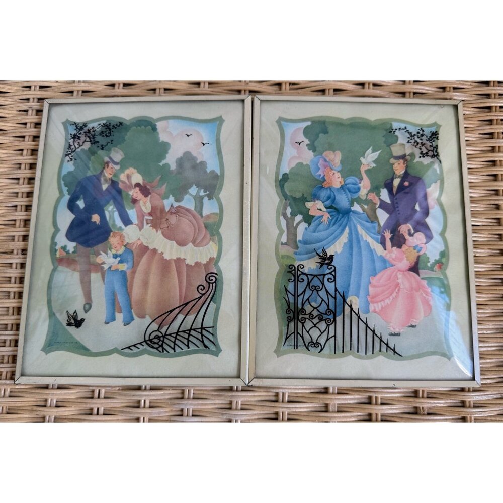 Vintage 40's Silhouette Reverse Paintings Convex Glass Victorian Woman Man Child